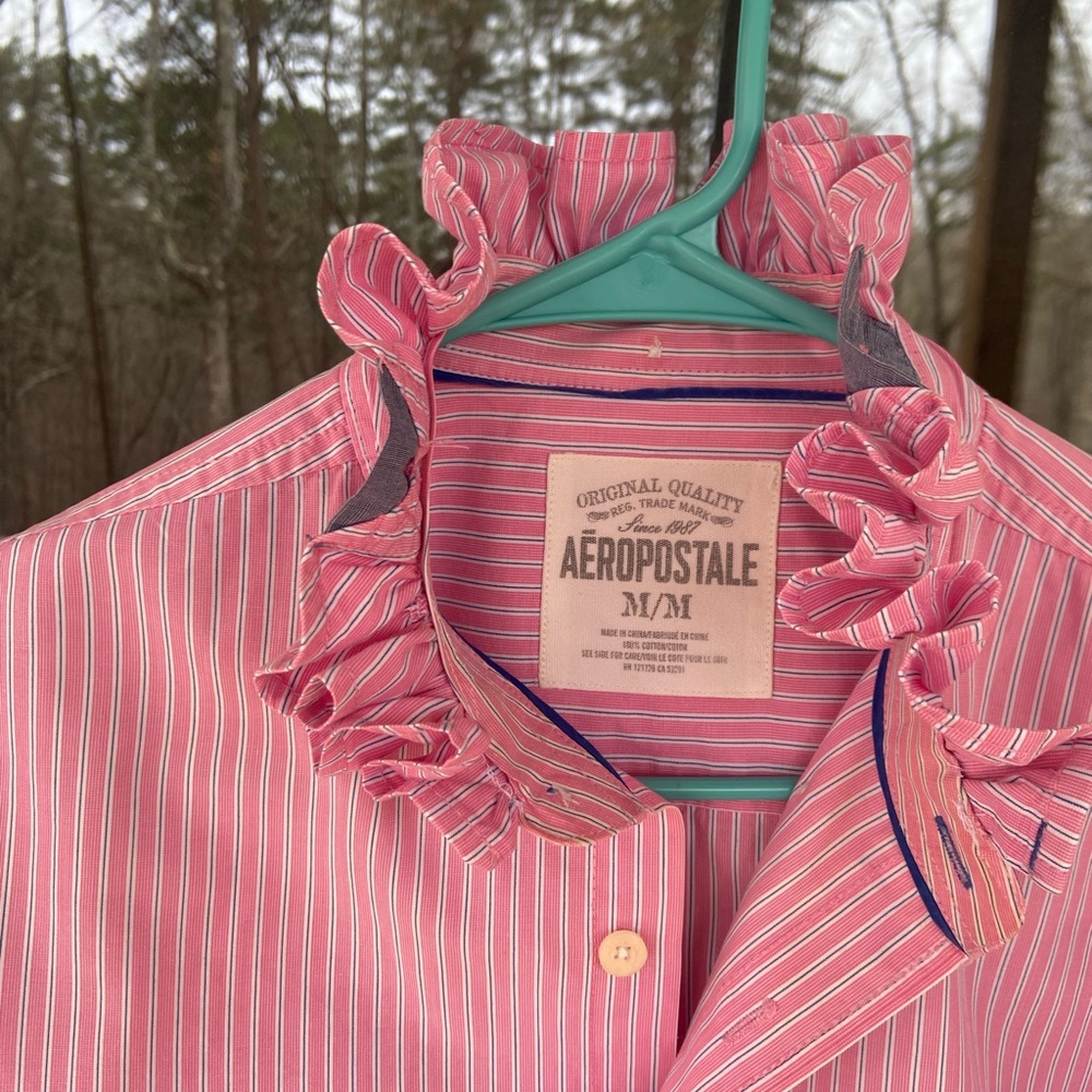 Aeropostale Pink and White Striped Button-Up Shirt